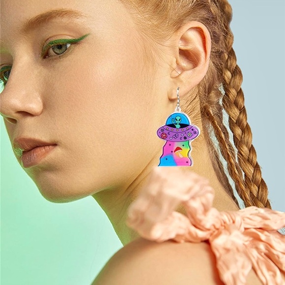 Colorful Alien UFO Acrylic Earrings – Halloween Weirdcore Space Jewelry - Picture 9 of 13